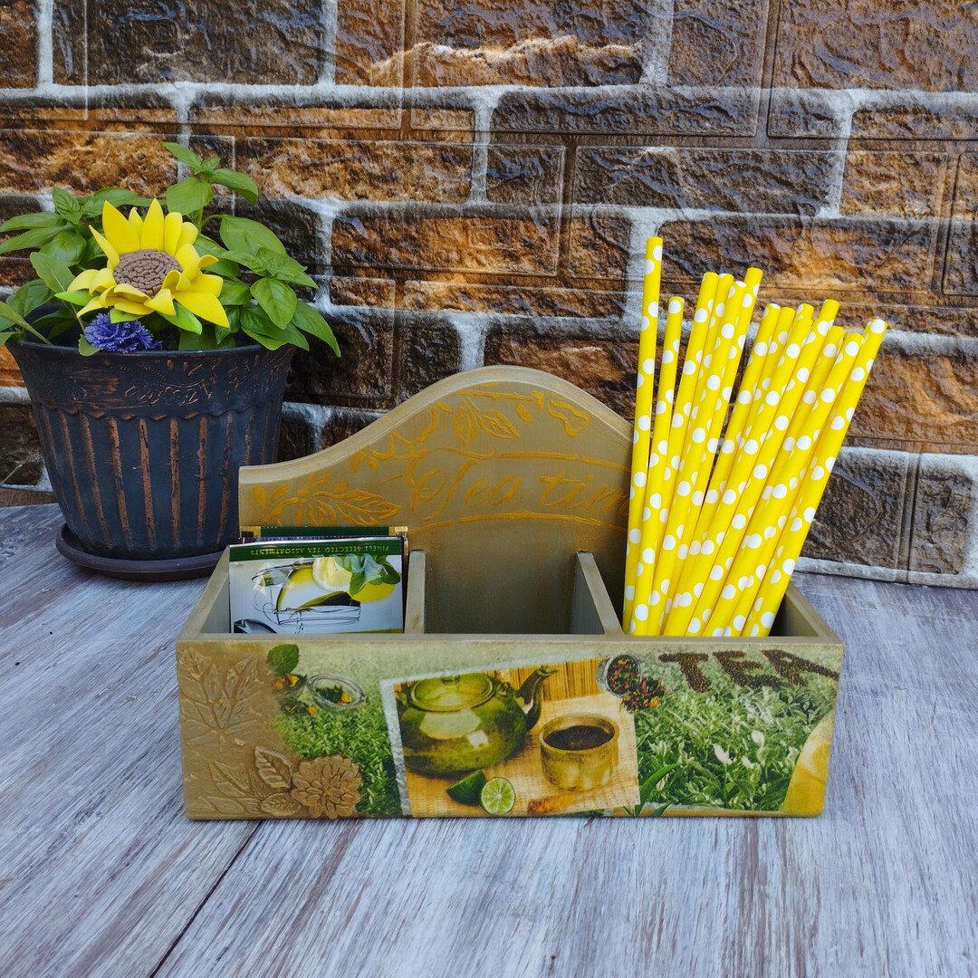 Wooden Tea Bag Holder, Vintage Style Tea Box, Decoupage Box, Tea Bag