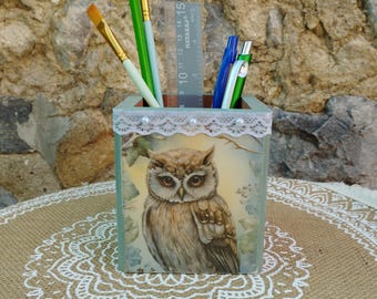 Owl Pencil Holder Wooden Desk Organizer Decoupage