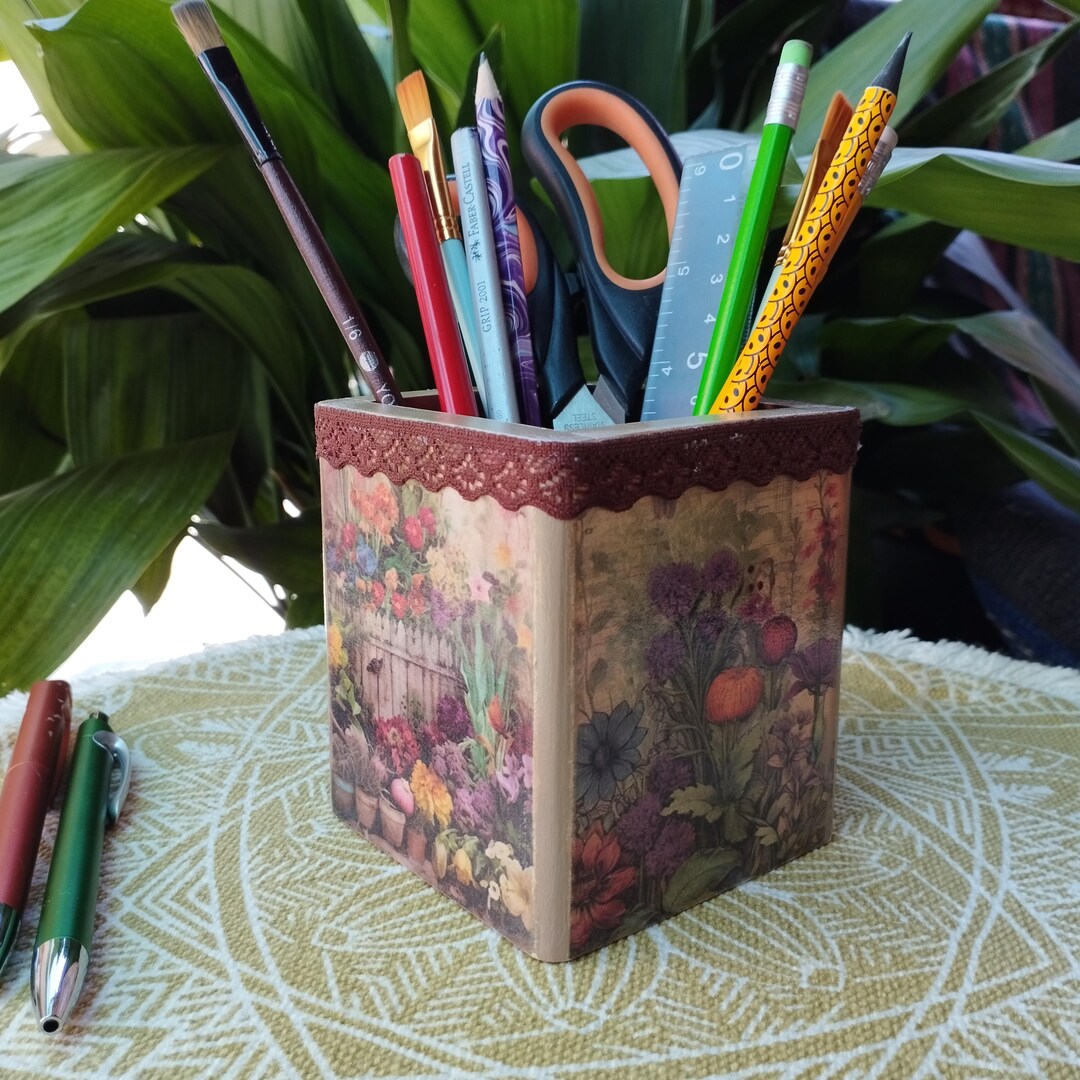 Wooden Desk Organizer With Vintage Floral Decoupage and Lace - Etsy