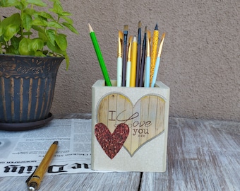 Love Pencil Holder, Wooden Desk Organizer, Romantic Office Decor