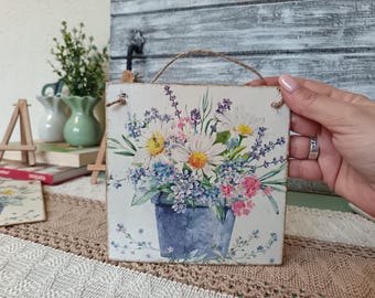 デコパージュ壁絵 デコパージュフラワー木製吊り下げ看板：小さな壁飾り（15 x 15 cm