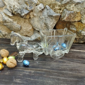 Vintage Glas Esel mit Wagen, Klarglas Esel / Pferd mit Wagen, Glas Candy Container, Esel mit Wagen, Schmuckschale, Glaskunst