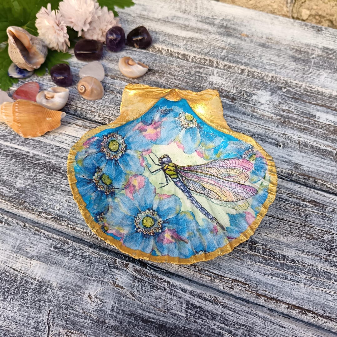 Handmade Decoupage Shell Dish, Dragonfly Floral Design - Etsy