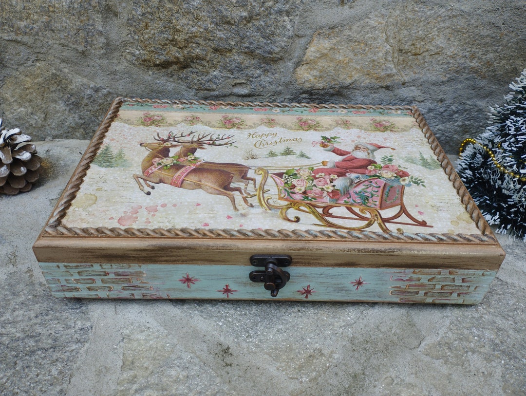 Large Christmas Box, Wooden Christmas Jewelry Box, Trinket Box, Vintage