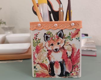 Wooden Pencil Holder with Decoupage Fox Design, Autumn Desk Organizer, Office Decor