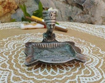 Vintage Egyptian Metal Ashtray, Engraved Pyramid With Nefertiti