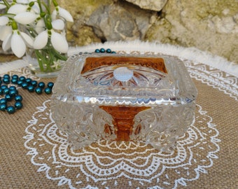 Echt Bleikristall Gepresst, Unique Vintage Crystal Trinket Box with Lid, Lead Crystal Glass, Etched Cut Crystal Jewelry Box, Rare Box