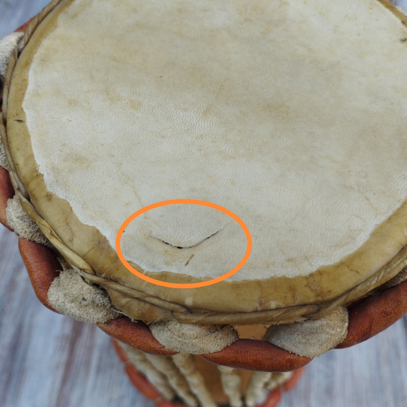 May include: Close-up of a traditional drum with a light-coloured, stretched skin head. The drum's body is a reddish-brown colour, with woven rope and leather accents. A crack is visible on the drumhead. The drum is likely used for music and cultural events.