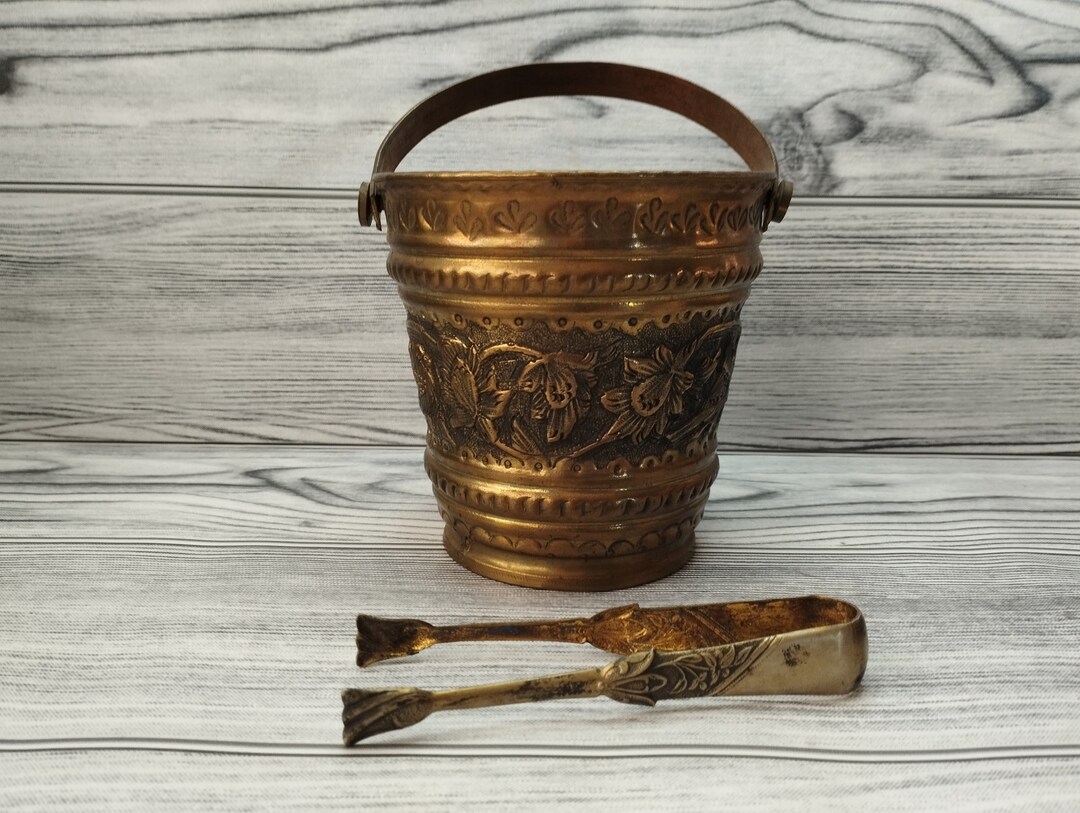 Vintage Brass Ice Bucket With Handle and Tongs Embossed Etsy
