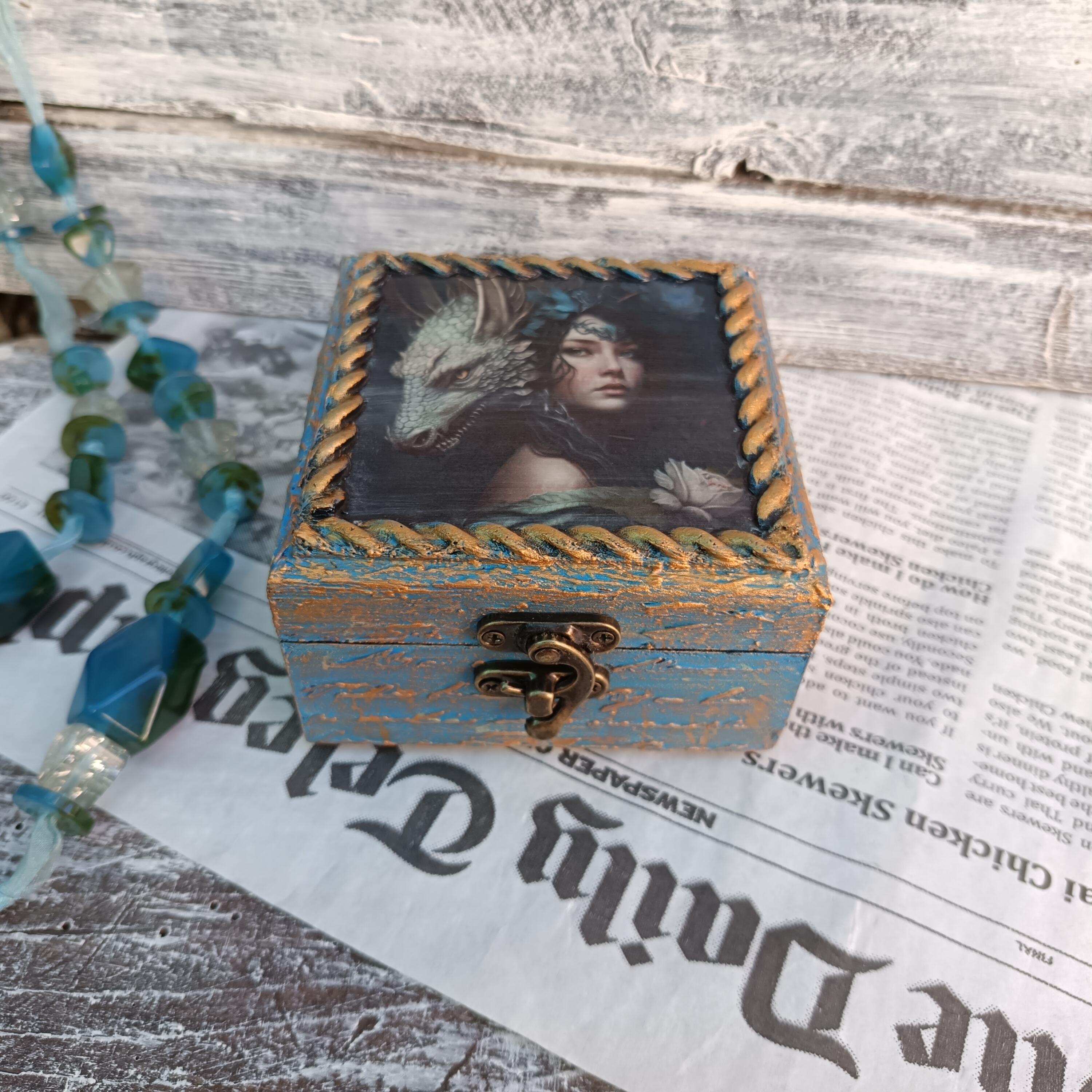Dragon & Girl Wooden Jewelry Box: Fantasy Trinket Box, Decoupage