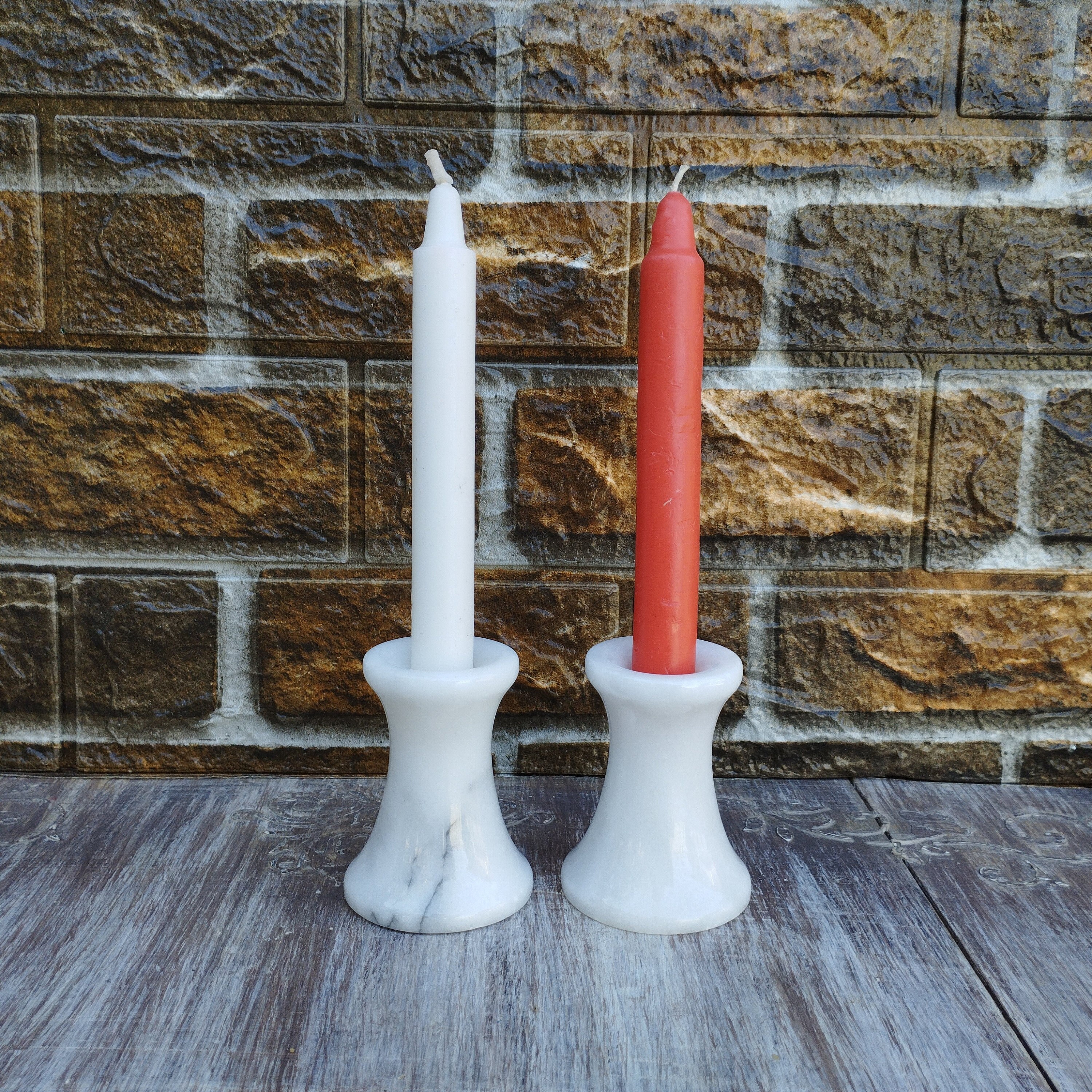 ヴィンテージ　大理石　キャンドルスタンド ヴィンテージホワイト大理石キャンドルホルダー：2個セット、グレー