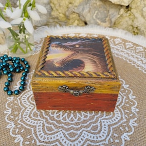 Reduced Price, Wooden Jewelry Box, Dragon Box, Red and Gold Tone Decorated Box, Trinket Box, Fire Dragon Image, Year of the Dragon Gift