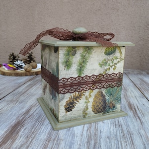 Bonbonnière avec image de pommes de pin, boîte de rangement en bois, boîte de découpage, boîte à bibelots, cadeau de Noël, boîte de cuisine en bois, boîte à dentelle