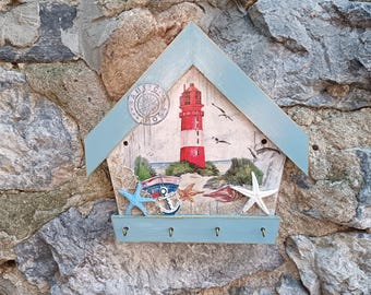 Wooden key holder with decoupage lighthouse nautical decor