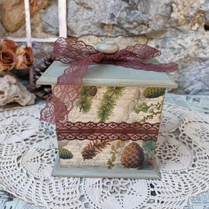 Wooden Pinecone Storage Box for Wrapped Items Decoupage Vintage Organizer