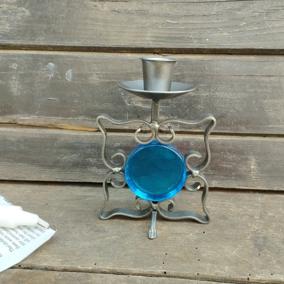 Vintage Hand Forged Iron Candlestick with Blue Glass - 70s Scandinavian Decor
