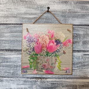 Schild zum Aufhängen aus Holz, Tulpen und Hyazinthen, Frühlingsblumen Decoupage, Geschenk für Mutter, Wanddeko, 15 cm x 15 cm