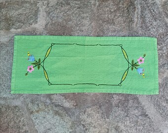 Vintage Embroidered Green Table Runner, Floral Cotton Dresser Scarf