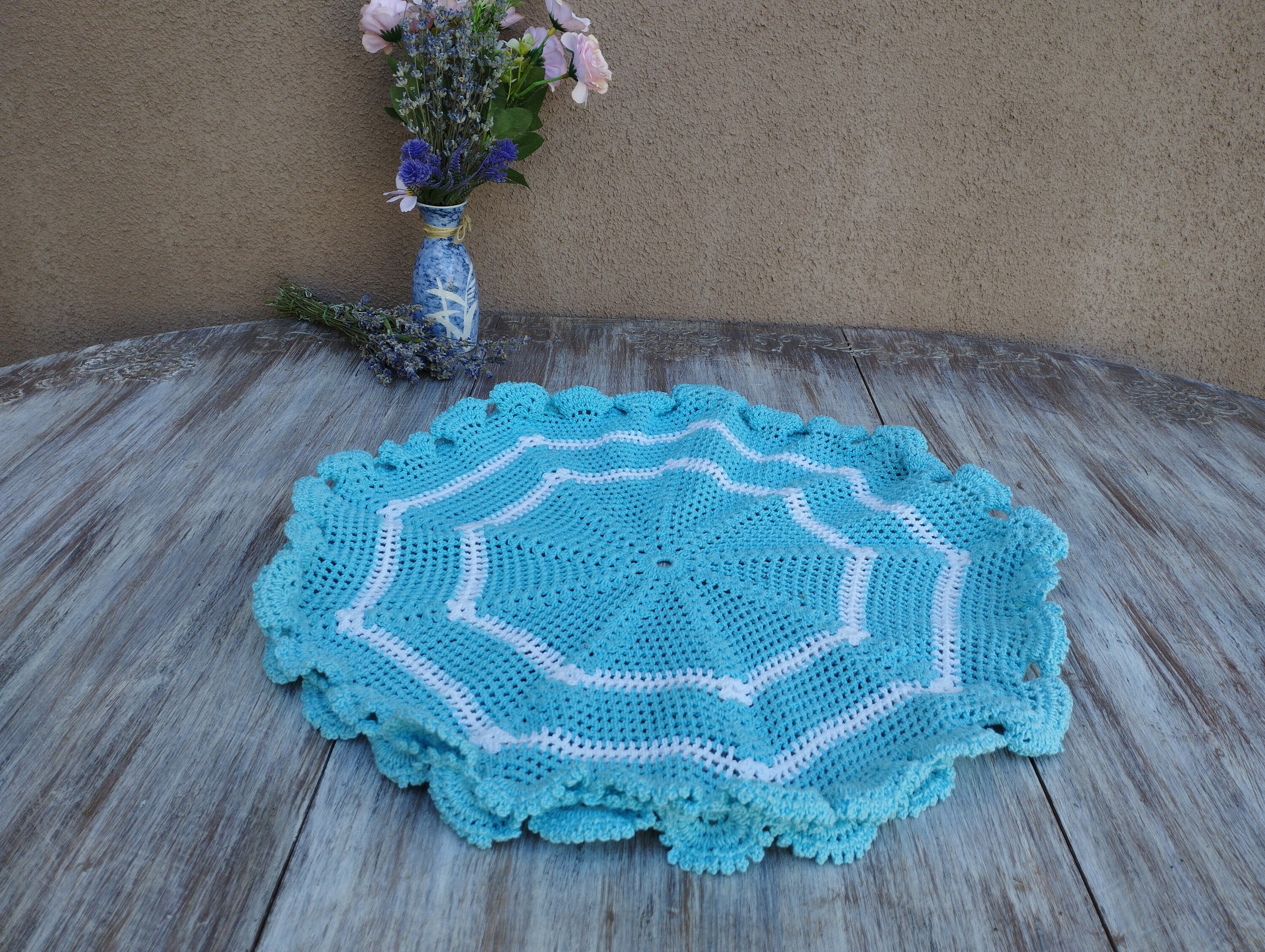 Vintage Crochet Doily, Crocheted Napkin, Beautiful Round Handmade Doily, Cotton Crochet Table Mat, Baby Blue Color, Crochet Decoration, 18''