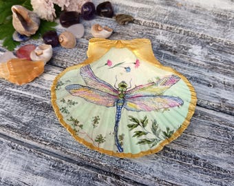 Decoupage Dragonfly Seashell: Coastal Trinket Dish, Ring Holder
