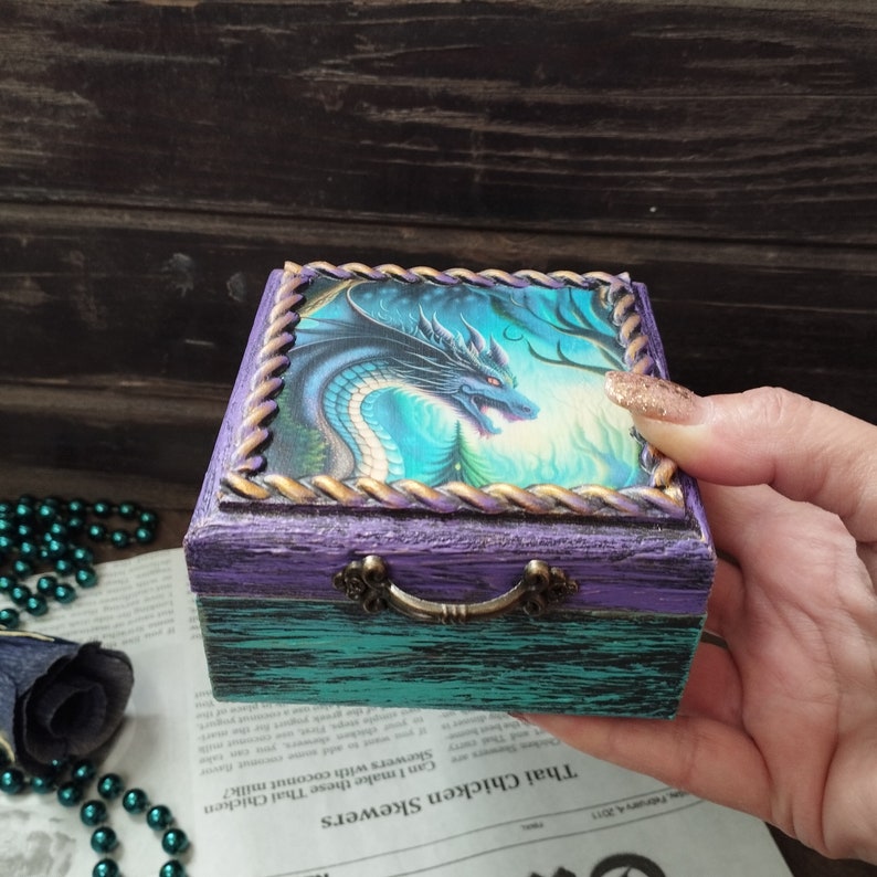 Wooden Dragon Jewelry Box, Decoupage and Mixed Media Decorated Box