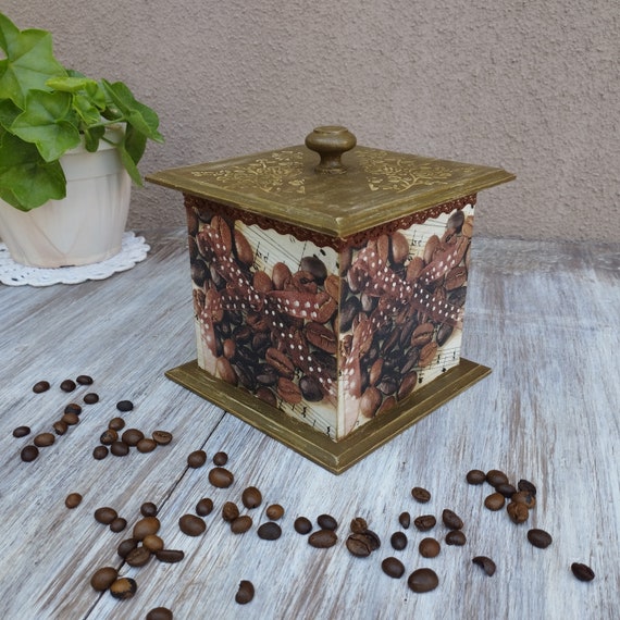 Decoupage Wooden Coffee Tea Box for Wrapped Candy Vintage Kitchen Organizer