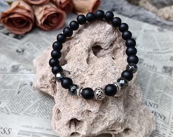 8mm Matte Black Onyx Faceted Hematite Men's Stretch Bracelet