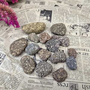 Peut inclure: Une collection de quinze pierres lisses et arrondies dans des tons variés de gris, brun et anthracite, chacune présentant des textures tachetées ou mouchetées uniques. Les pierres varient en taille et en forme, avec des motifs minéraux naturels.