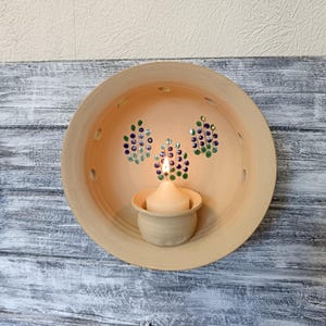 Tealight Wall Sconce, Vintage Swedish Ceramic Candle Holder, Beige Wall Sconce, Pottery Candle Sconce, Candle Holder with Glazed Flowers