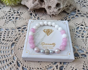 Elastic White Pink Jade Bracelet with Pearl Accents 8mm