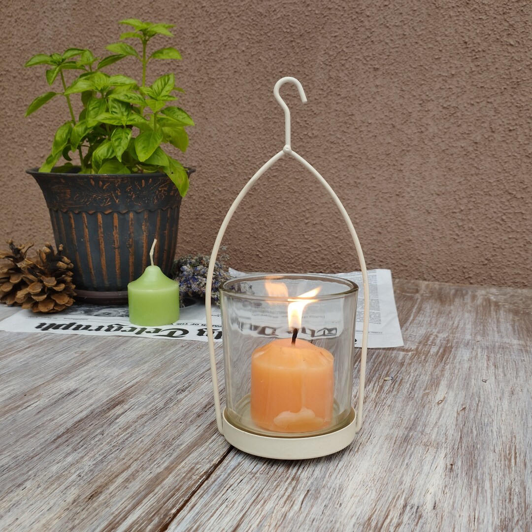 Vintage White Metal Candle Holder With Glass Cup, Metal Stand With