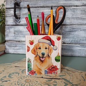 Bleistiftbecher aus Holz, niedlicher Hund, Stifthalter für Pinsel, Pinselhalter, Schreibtischzubehör, Geschenk für Studenten, Decoupage Kunst