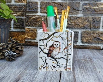 Owl Wooden Pencil Holder Decoupage