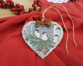 Christmas Wooden Heart Ornament Bird Decoupage Decor