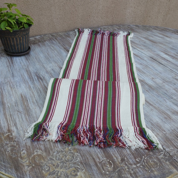 Vintage Scandinavian Striped Cotton Table Runner, Woven Textile