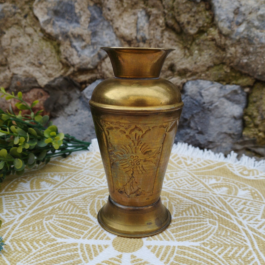 Vintage Brass Vase, Small Metal Vase, Vase With Engraved Flowers
