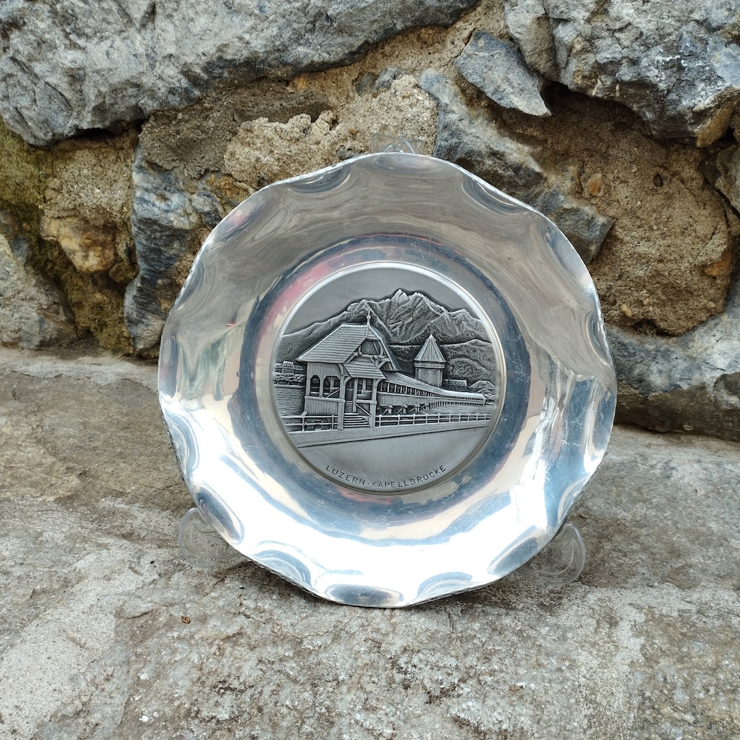 Vintage Metal Wall Hanging Plate, Swiss Aluminum Plate, Luzern