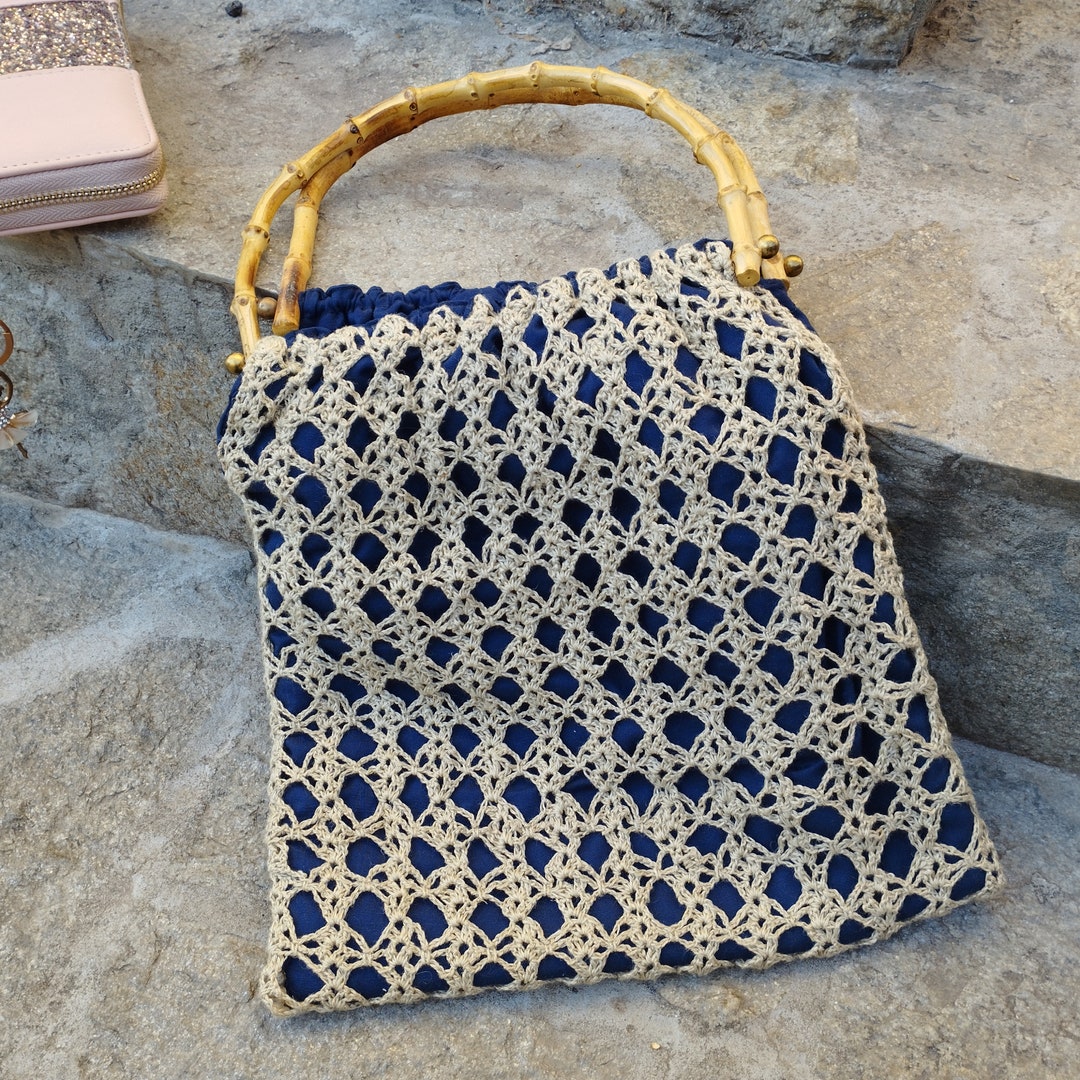 Vintage Crochet Handbag Bag With Bamboo Handles Crochet Etsy