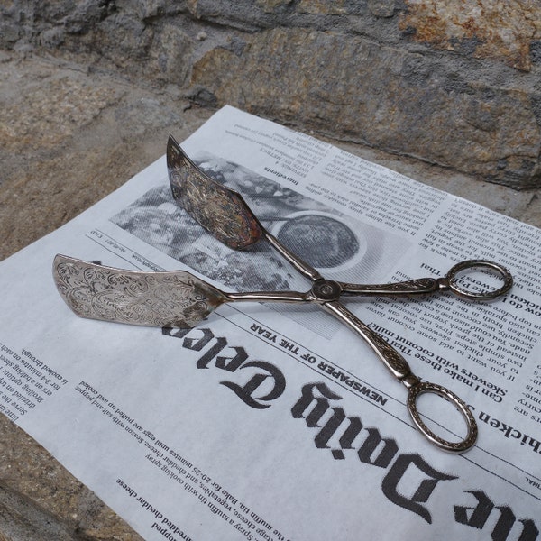 Vintage Metal Ornate Pastry Tongs, Pastry Scissors, Old Pastry Tongs, Cake Tongs, Silver Plated Tongs, Serving Tongs, Finger Loop