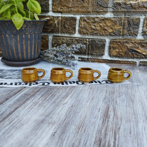 Vintage Brown Ceramic Mini Mugs: Glazed Clay Brandy Cups, Set of 4