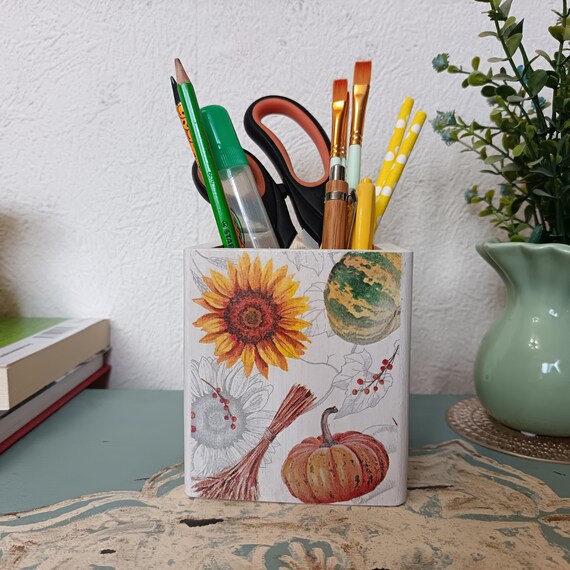 Decoupage Wooden Pencil Holder: Pumpkin Sunflower Autumn Decor