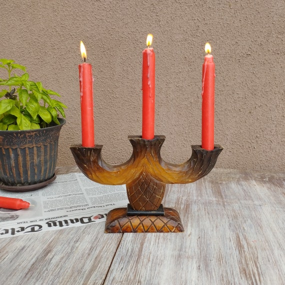 Vintage Hand Carved Wooden Candle Holder: Swedish Folk Art Decor
