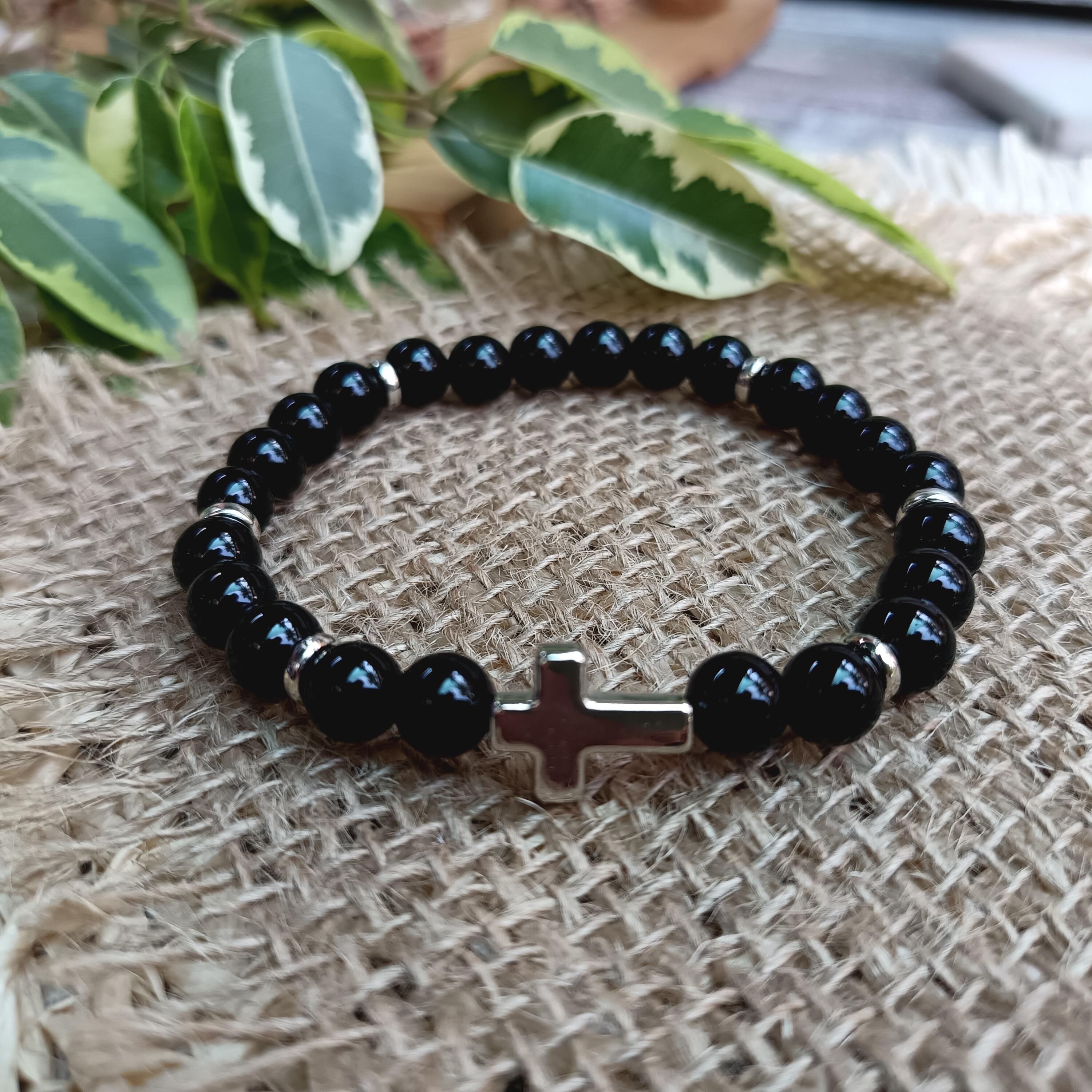 8mm Glossy Black Onyx Silver-tone Cross Men's Elastic Bracelet - Etsy