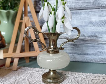Vintage Metallvase mit weißem Onyx: Kleine dekorative Vase (3,4 Zoll)