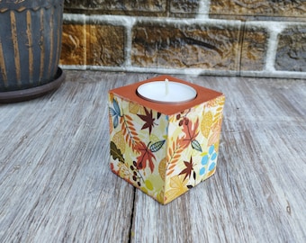 Autumn Wooden Tealight Holder, Fall Leaf Decoupage Decor