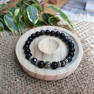 Men's Obsidian and Hematite Elastic Bracelet, 8mm Round and Faceted Beads, Handmade Jewelry