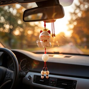 Maneki Neko Car Hanging Ornament Lucky Cat Rearview Mirror Charm Red String Prosperity Pendant