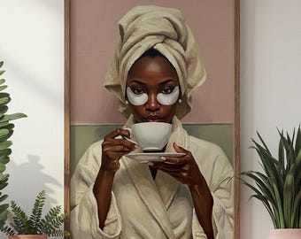 Canvaskunst voor spadag: ontspannende zwarte vrouw met koffie