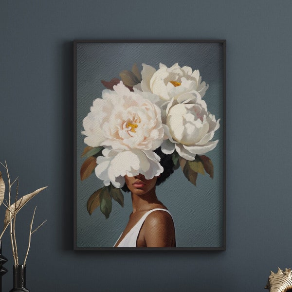 Kunst aan de muur | Zwarte vrouw bloemen kunst | Zwarte kunst | Zwarte vrouw | Muurafdruk | Afrikaans meisje | Decor Vrouw kunst | [Frame niet inbegrepen]