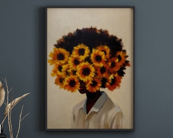 Black Woman Sunflower Art Print: African American Woman Portrait